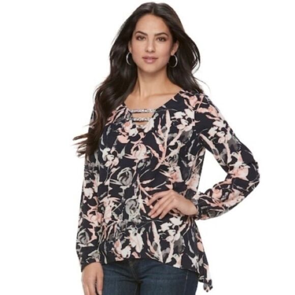 Juicy Couture Navy‎ Floral Rhinestone Front Detail Blouse Size Small - Picture 1 of 7
